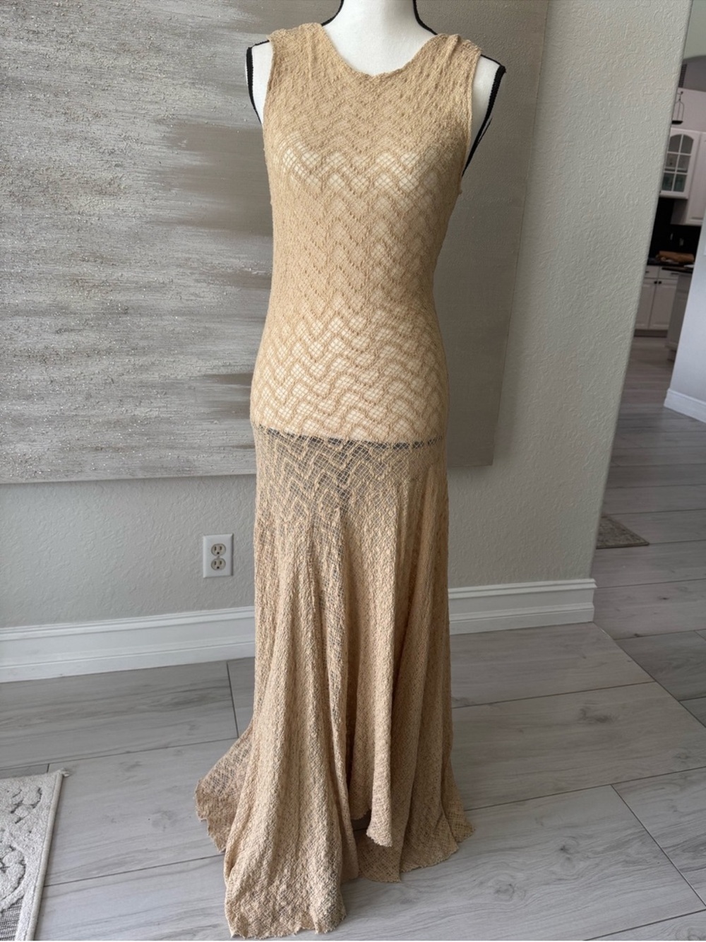 Zara NWT light tan textured Sleeveless Maxi Dress - summer knit semi sheer - Picture 8 of 10
